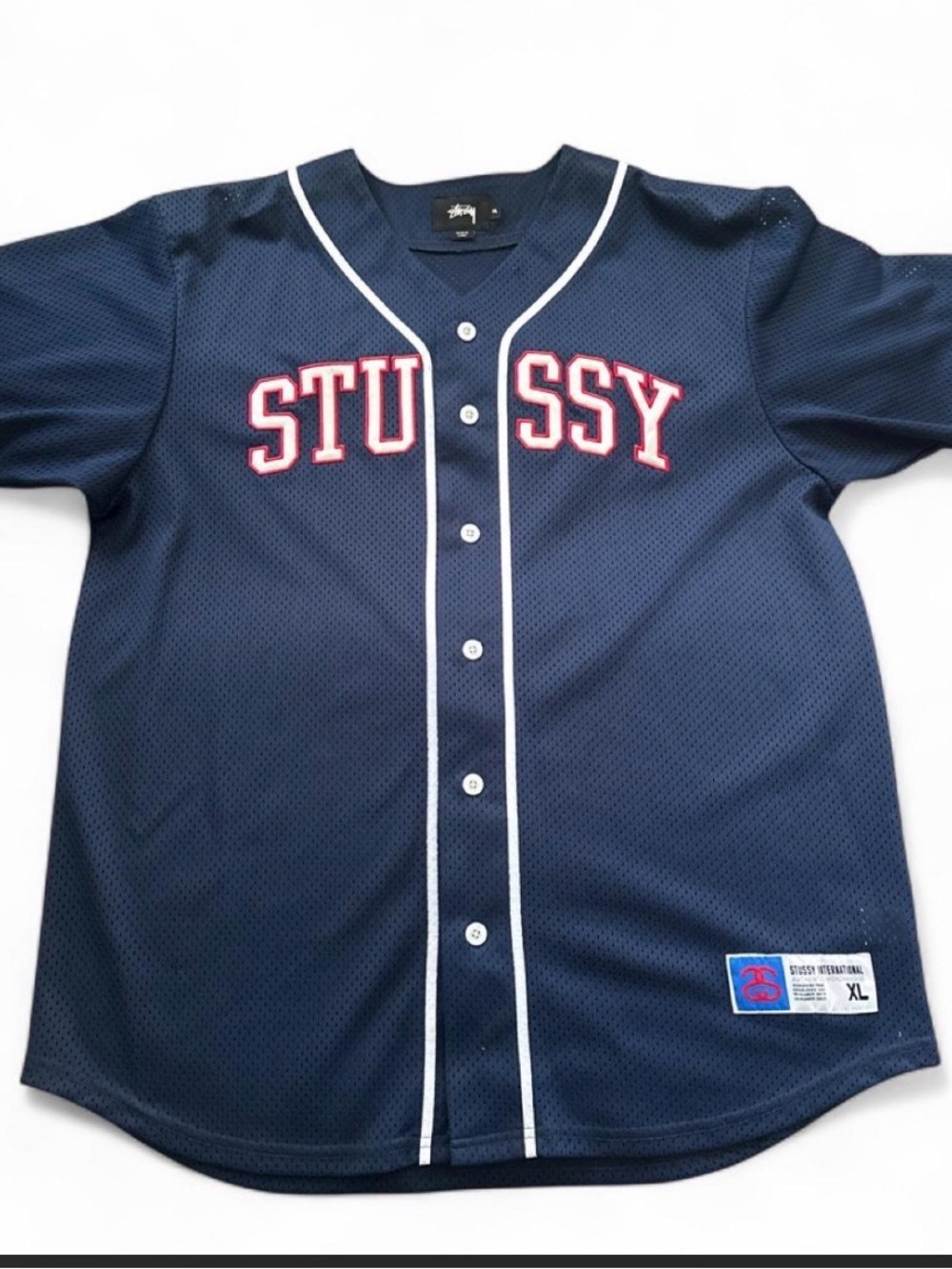 Stussy Kids Navy Baseball Jersey with White Trim and Red Lettering